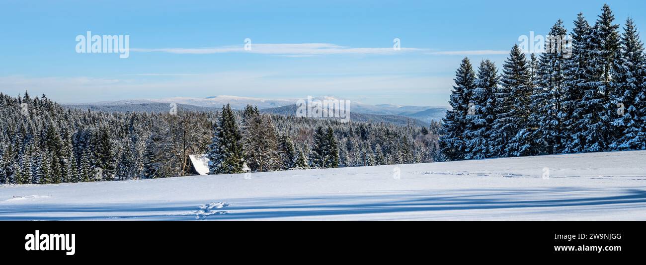Panoramablick Winter hügelige Landschaft mit Berghütte und Nadelwald. Blick vom Isergebirge zum Riesengebirge, Tschechien Stockfoto