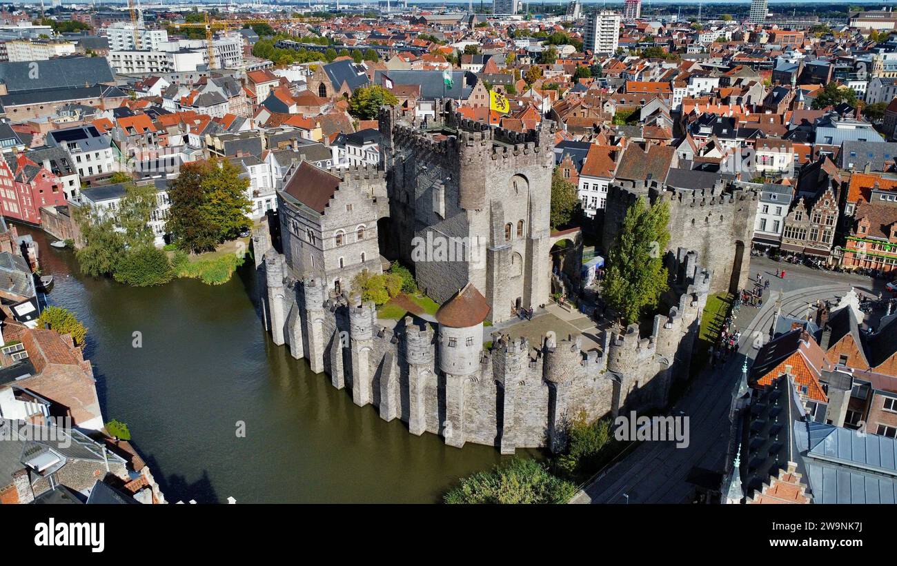 Drohnenfoto Gravensteen Gent Belgien Europa Stockfoto