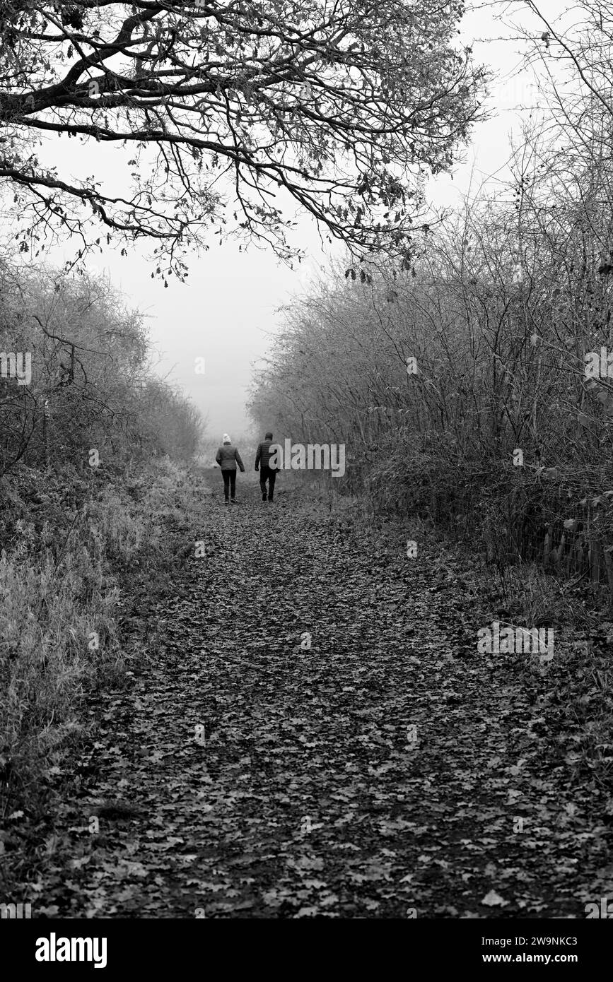 Ein Paar spaziert an einem kalten Wintertag entlang des öffentlichen Fußwegs Arden Way in Warwickshire. Stockfoto