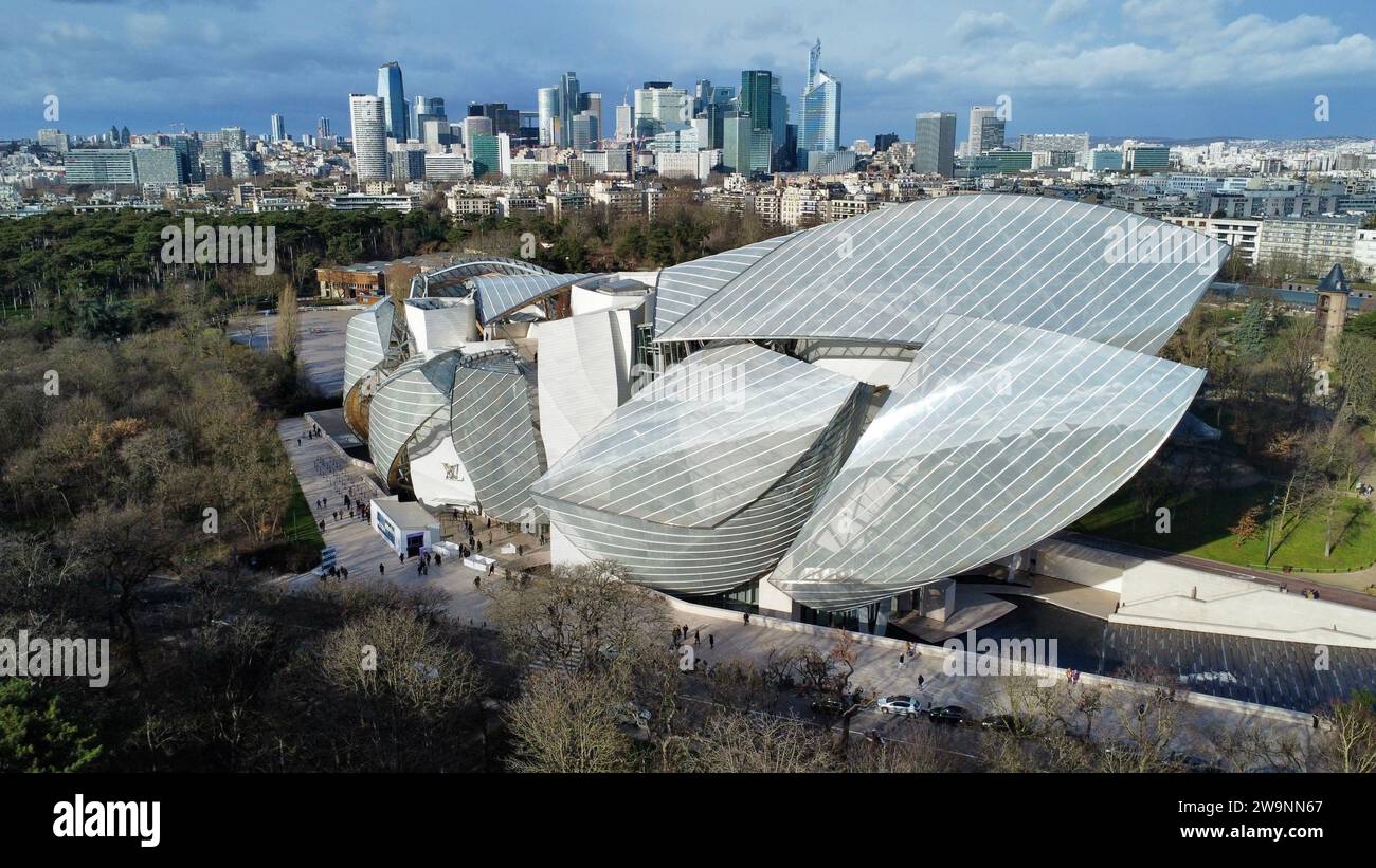 Drohnenfoto Louis Vuitton Foundation Paris Frankreich Europa Stockfoto