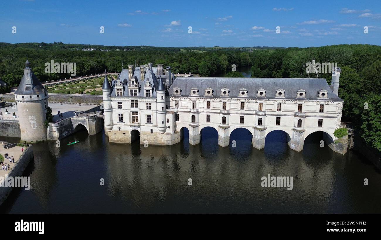Drohnenfoto Schloss Chenonceaux, Château de Chenonceaux Frankreich Europa Stockfoto