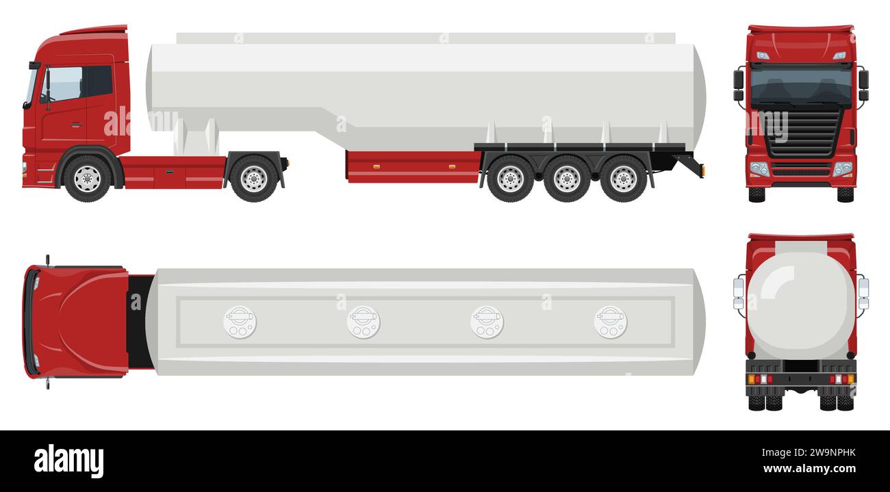 Vektorvorlage für Tankwagen mit einfachen Farben ohne Verläufe und Effekte. Ansicht von der Seite, von vorne, hinten und oben Stock Vektor