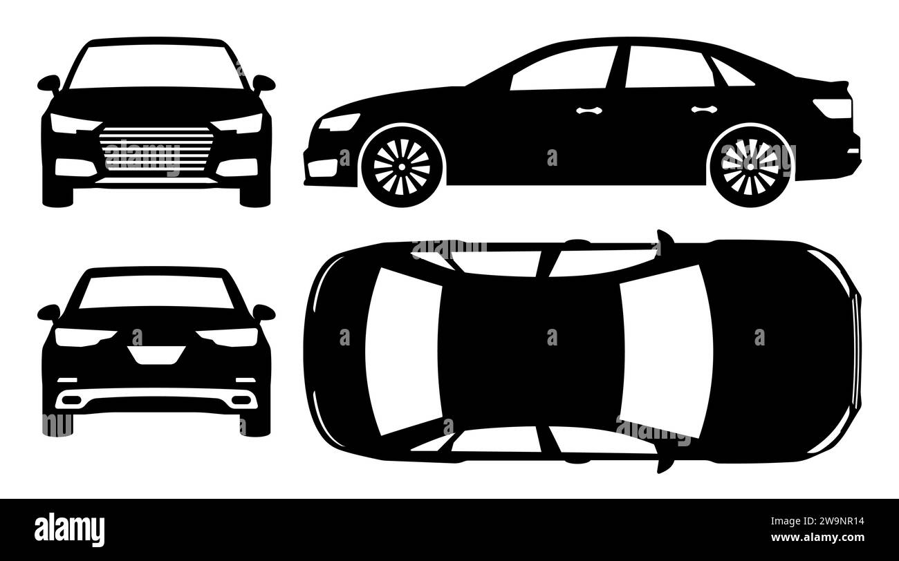 Auto Silhouette auf weißem Hintergrund. Fahrzeugsymbole Ansicht von der Seite, vorne, hinten, oben Stock Vektor