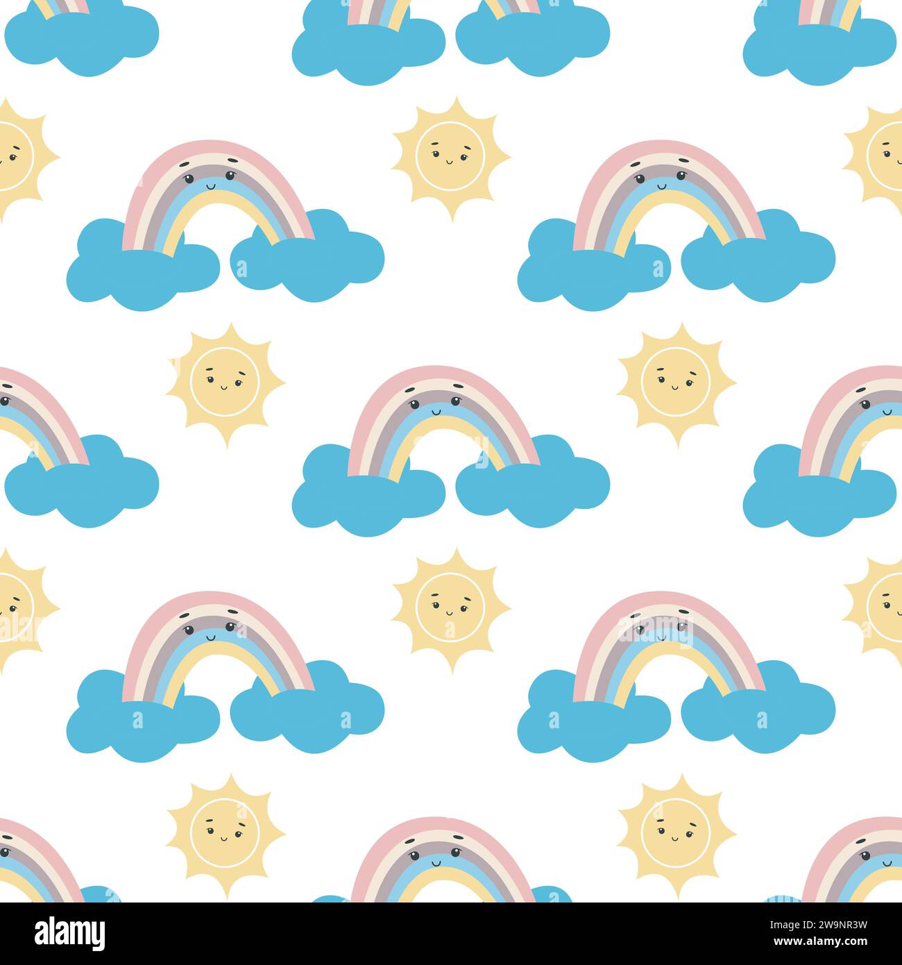 Baby-Regenbogenwolken und nahtloses Kawaii-Muster. Niedlicher Kinderhintergrund mit Charakteren. Handgezeichneter Druck für Babytextilien, Papier, Tapeten Stock Vektor Baby-Regenbogenwolken und nahtloses Kawaii-Muster. Niedlicher Kinderhintergrund mit Charakteren. Handgezeichneter Druck für Babytextilien, Papier, Tapeten Stock Vektor