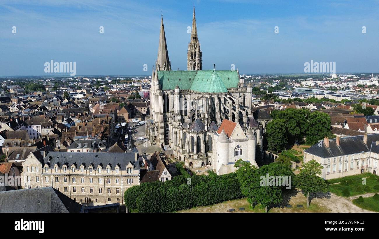 Drohnenfoto Kathedrale Notre-Dame, Cathédrale Notre-Dame de Chartres Frankreich Europa Stockfoto