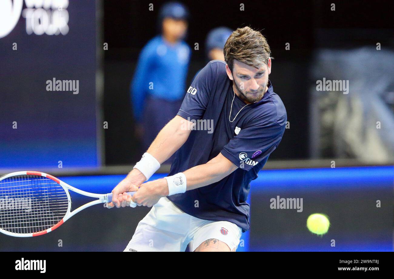 Perth, Australien. Dezember 2023. Cameron Norrie aus Großbritannien trifft beim United Cup-Tennisturnier in Perth, Australien, am 29. Dezember 2023 auf Alex de Minaur aus Australien zurück. Quelle: Zhou Dan/Xinhua/Alamy Live News Stockfoto