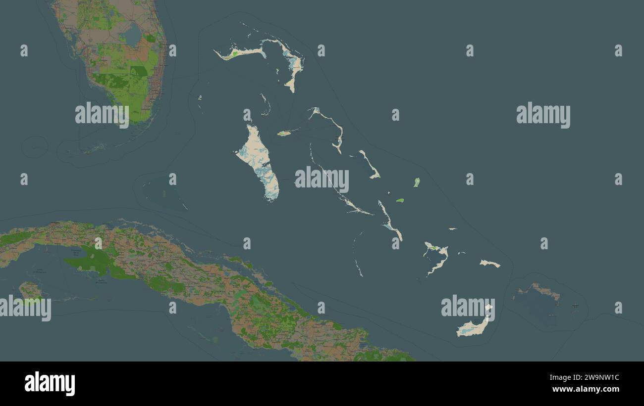 Bahamas werden auf einer topografischen Karte im Stil von OSM France hervorgehoben Stockfoto