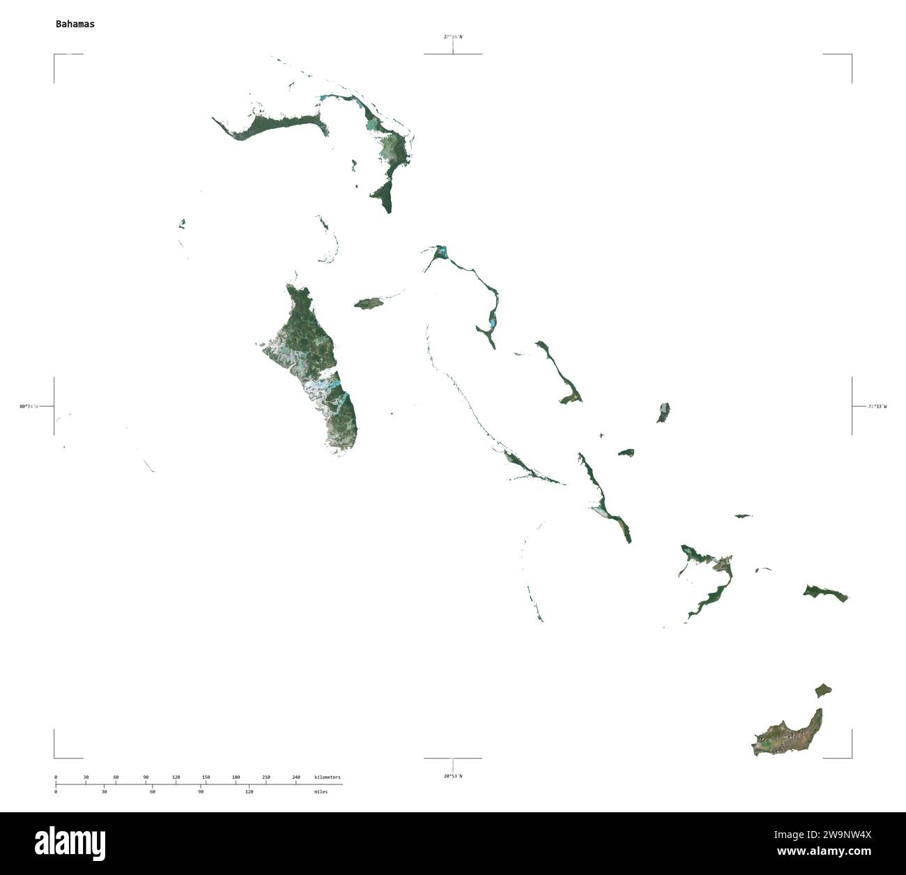 Form einer hochauflösenden Satellitenkarte der Bahamas, mit Entfernungsskala und Kartengrenzkoordinaten, isoliert auf weiß Stockfoto