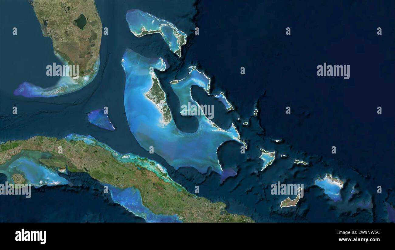 Bahamas umrissen auf einer hochauflösenden Satellitenkarte Stockfoto