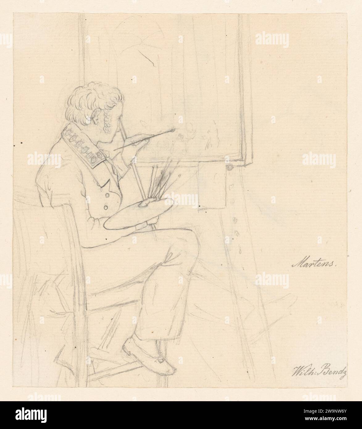 Porträt des Malers Ditlev Martens bei der Arbeit hinter und Easel; Verso: An Artist Sketching 2014 von Wilhelm Bendz Stockfoto