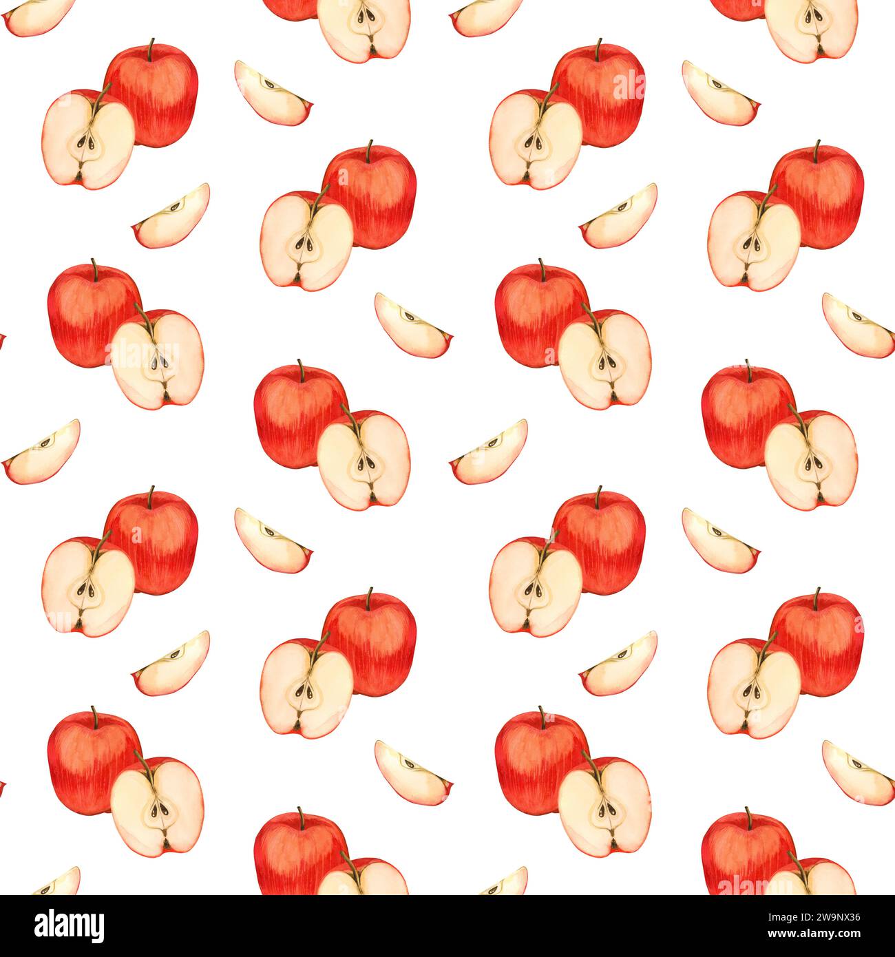 Nahtloses Aquarellmuster. Rote, reife Äpfel, ein halber Apfel mit Samen und Scheiben, handgezeichnet in Aquarell auf weißem Hintergrund. Stockfoto