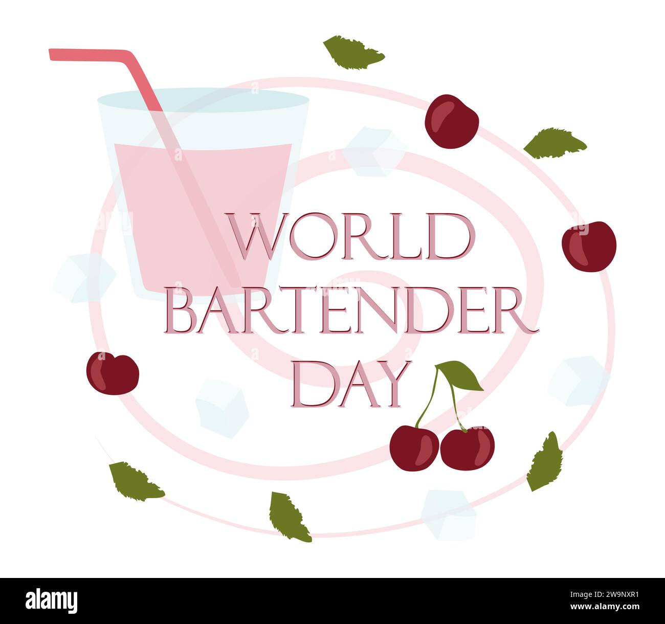 Banner zum internationalen Barkeeper-Tag mit Glas und Cocktailzutaten. 6. Februar. Flache Vektorvorlage für Banner, Karte, Poster. Abbildung mit Stock Vektor