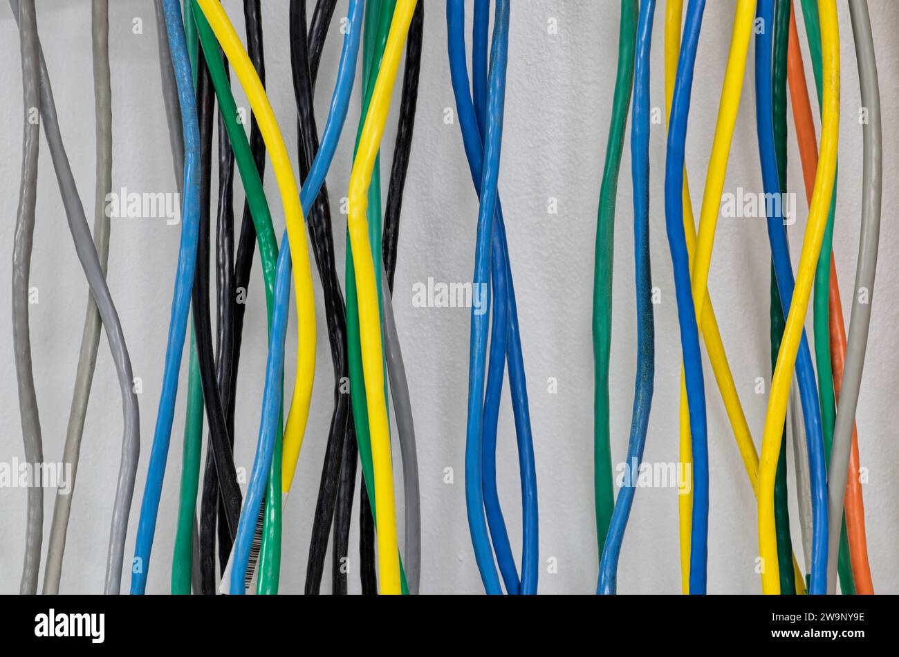 Bunte elektrische Kabel, die vertikal an einer Wand hängen. CAT5 Twisted-Pair-Kabel für Computernetzwerke. Stockfoto