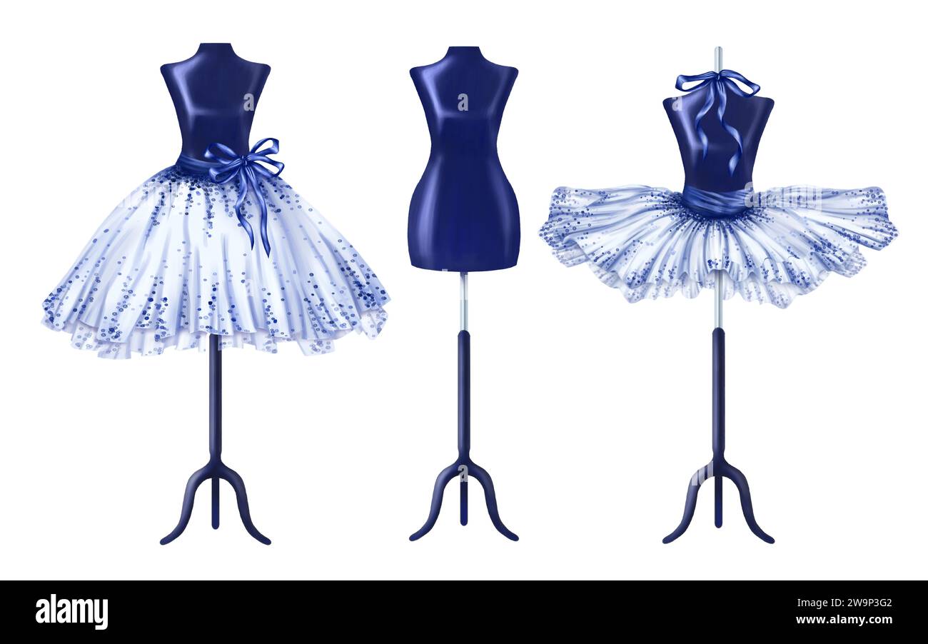 Ein Set blauer Kleider für Ballerinas und Prinzessinnen. Ein Kostümoutfit, das auf einer Schaufensterpuppe getragen wird. Ein Theater hinter der Bühne, Atelier, Bekleidungsgeschäft, Outfit für F Stockfoto