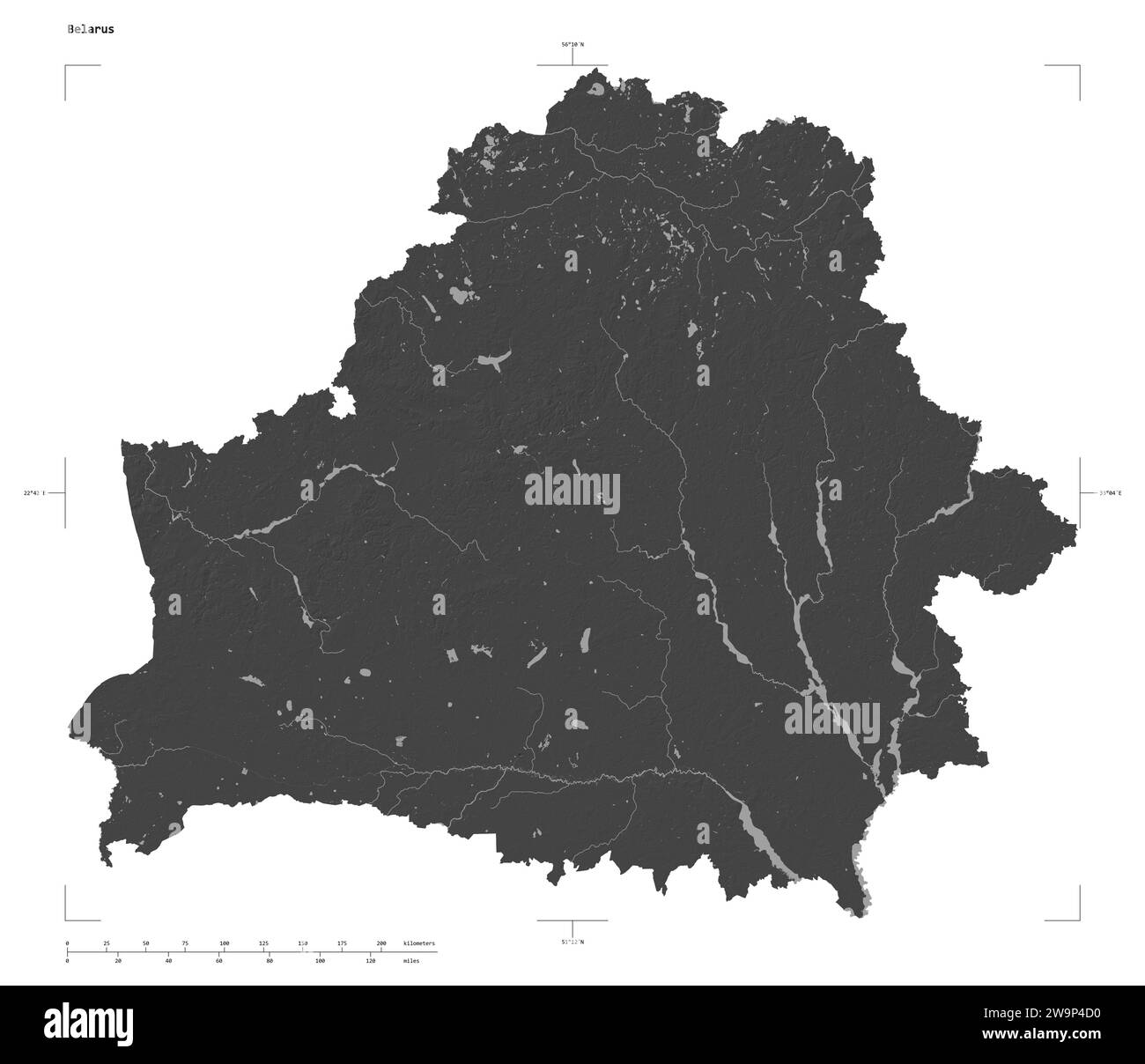 Form einer Bilevel-Höhenkarte mit Seen und Flüssen Weißrusslands, mit Entfernungsskala und Kartengrenzkoordinaten, isoliert auf weiß Stockfoto