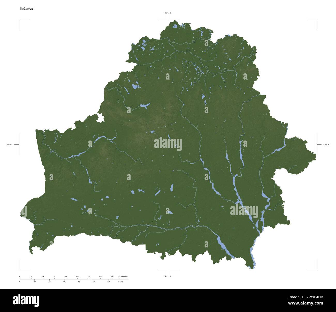 Form einer blassfarbenen Höhenkarte mit Seen und Flüssen Weißrusslands, mit Entfernungsskala und Kartengrenzkoordinaten, isoliert auf weiß Stockfoto