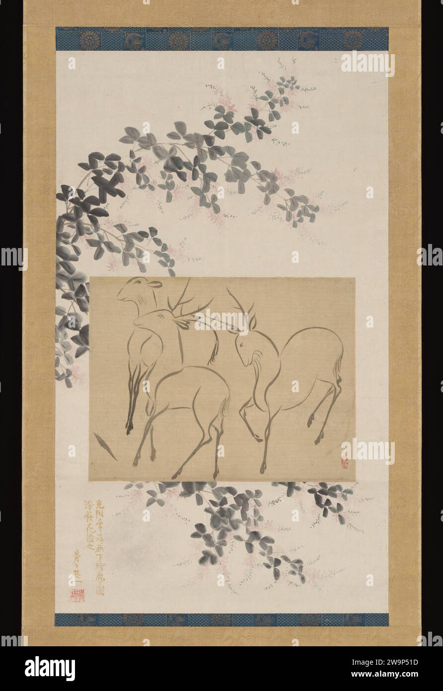Vorzeichnung von drei Hirschen, montiert auf einer Hängemalerei von blühendem Buschklee 2019 von Suzuki Kiitsu Stockfoto