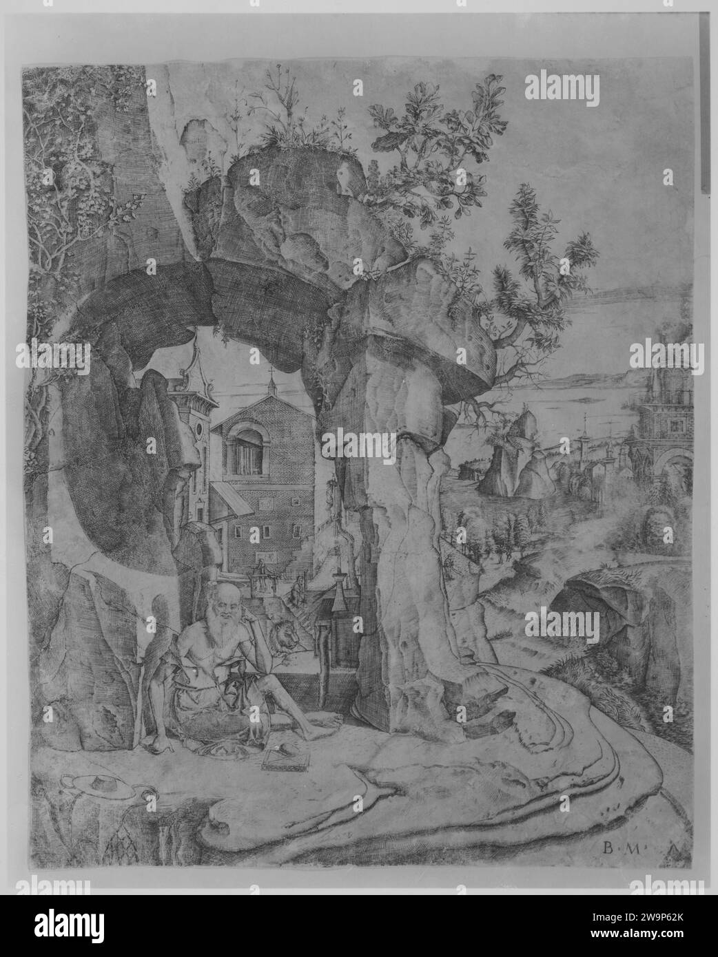 Der Heilige Jerome sitzt unter einem Felsbogen 1928 von Benedetto Montagna Stockfoto