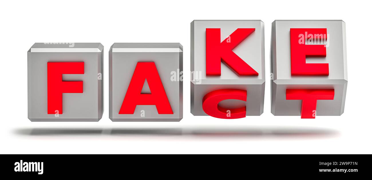 Würfel mit Buchstaben werden umgedreht, und die Wörter ändern sich von FAKT zu FAKE. Isoliert auf weiß Stockfoto