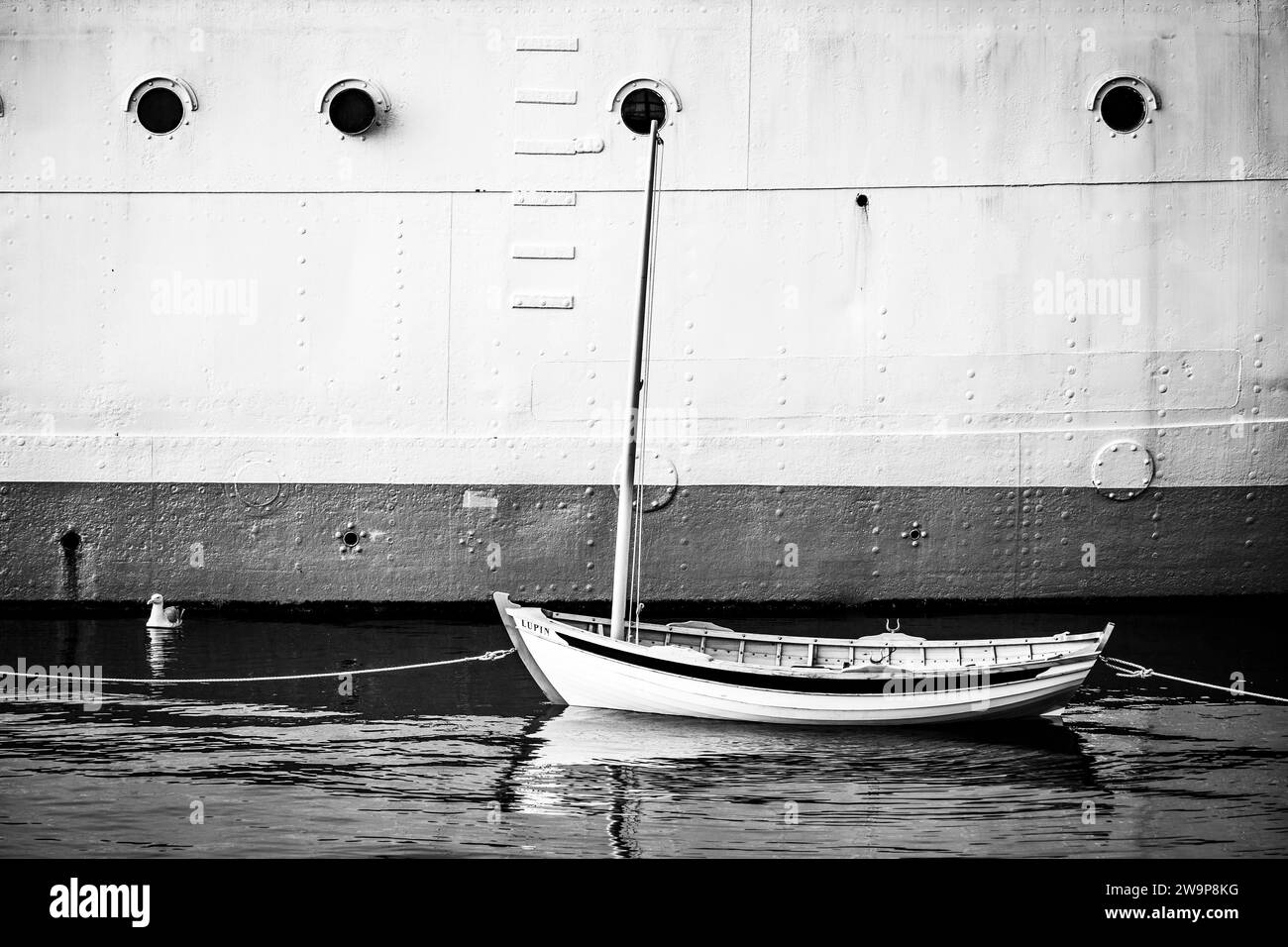 Hölzerne Segeljolle Lupin ist neben CSS Acadia im Maritime Museum of the Atlantic in Halifax, Nova Scotia, Kanada, gefesselt. Stockfoto