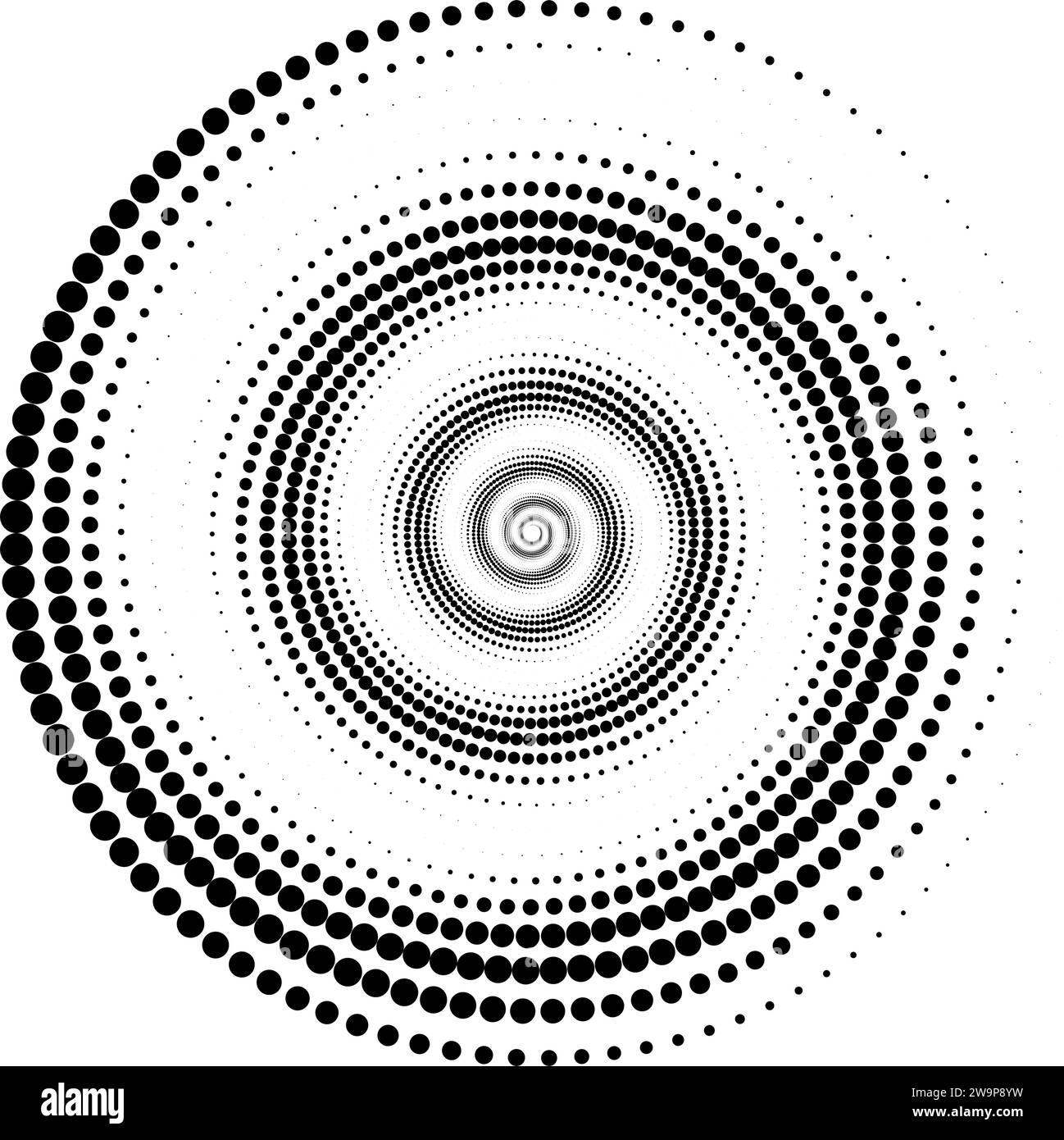 Gepunktete Spirallinien. Radialhelix-Halbtonform. Kreisförmige Drallpunkte. Drehbares geometrisches Rad für Poster, Banner, Logo, Symbol, Collage, Präsentation, Broschüre. Vektoroptik Stock Vektor