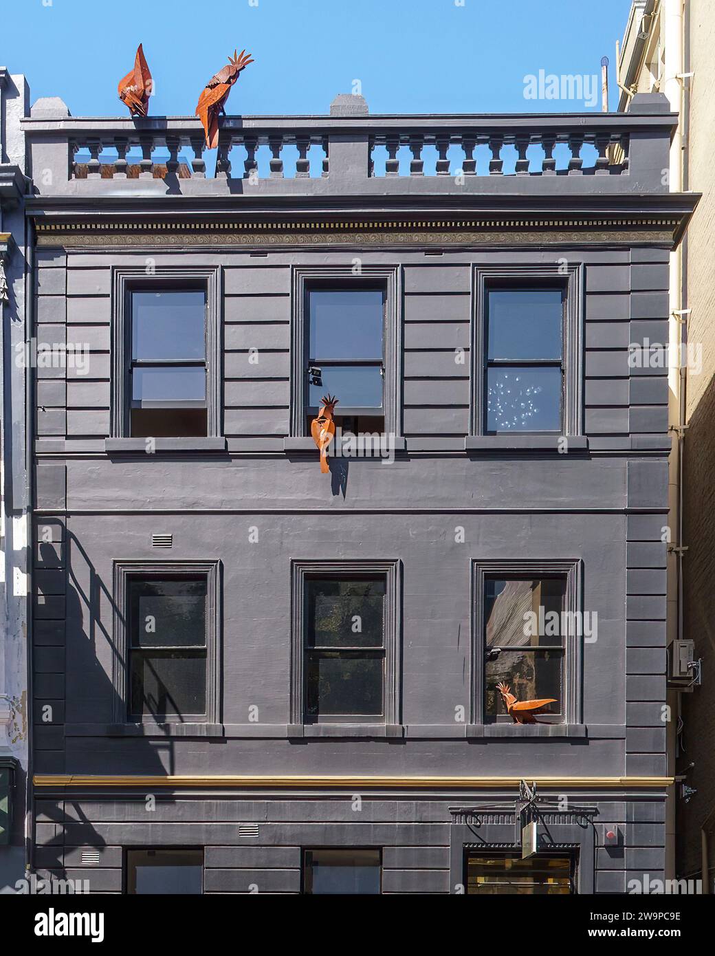 Skulpturen aus Eisenvogel zieren ein Bürogebäude an der Murray Street in Hobart, aus. Stockfoto