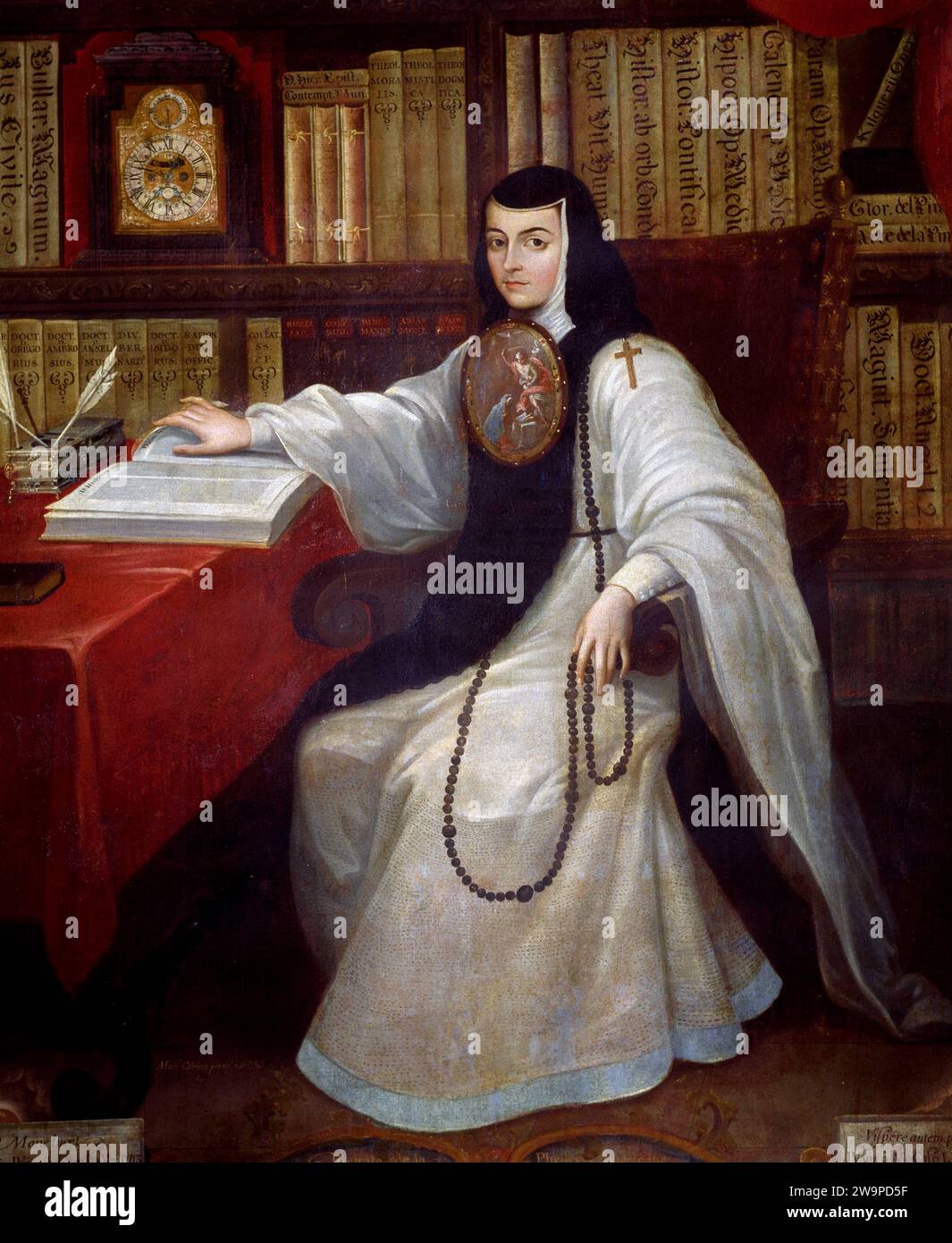Sor Juana Inés de la Cruz. Porträt der mexikanischen Nonne, Schriftstellerin und Philosoph Juana de Asuaje y Ramírez de Santillana (1648–1695) von Miguel Cabrera, Öl auf Leinwand, um 1750 Stockfoto
