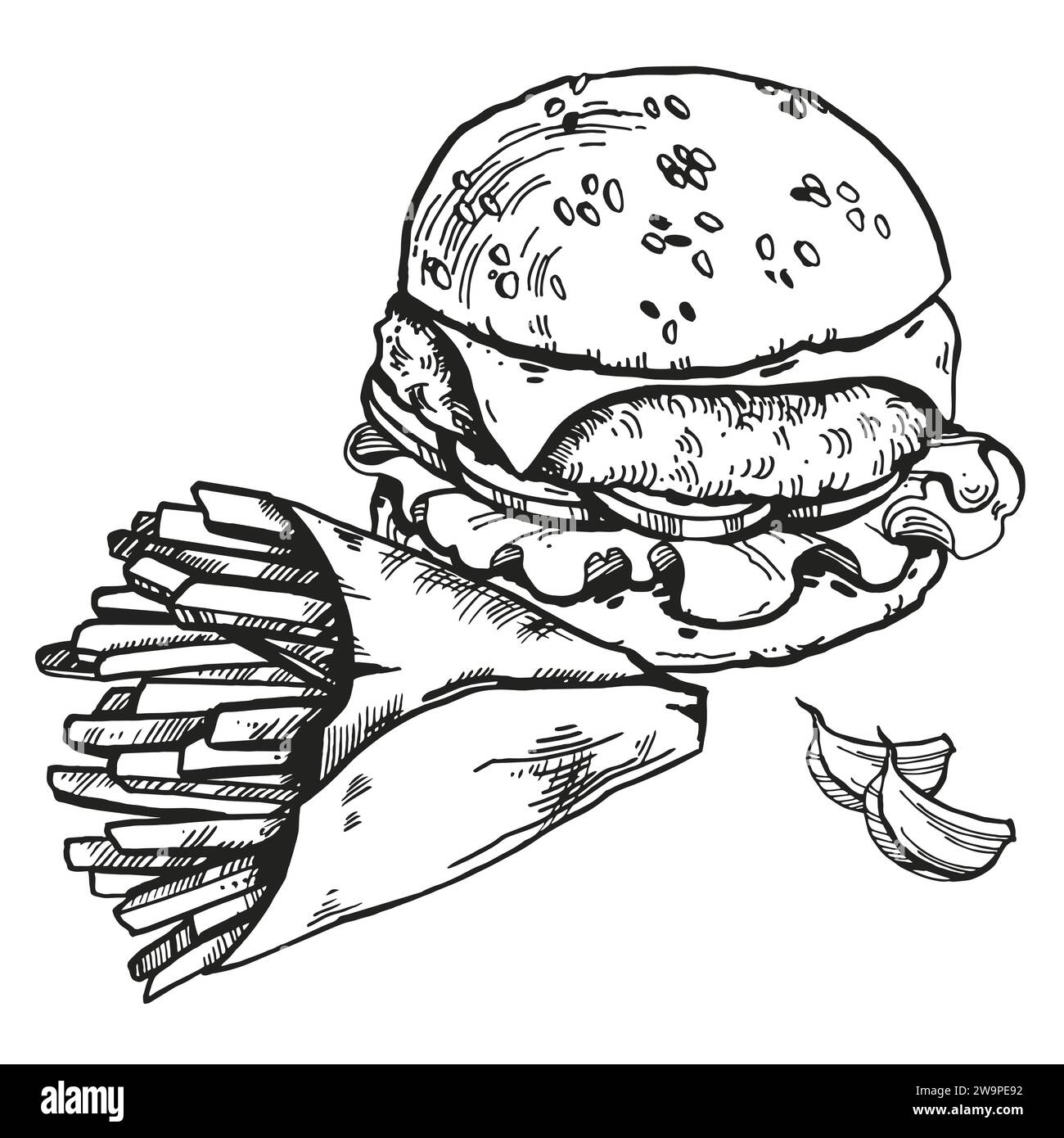 Vektor-Illustration von Pommes Frites in Bastelpapier und Burger, Knoblauch, handgezeichnete Skizze von Fast Food, schwarze und weiße Tinte Lebensmittel Illustration isoliert Stock Vektor