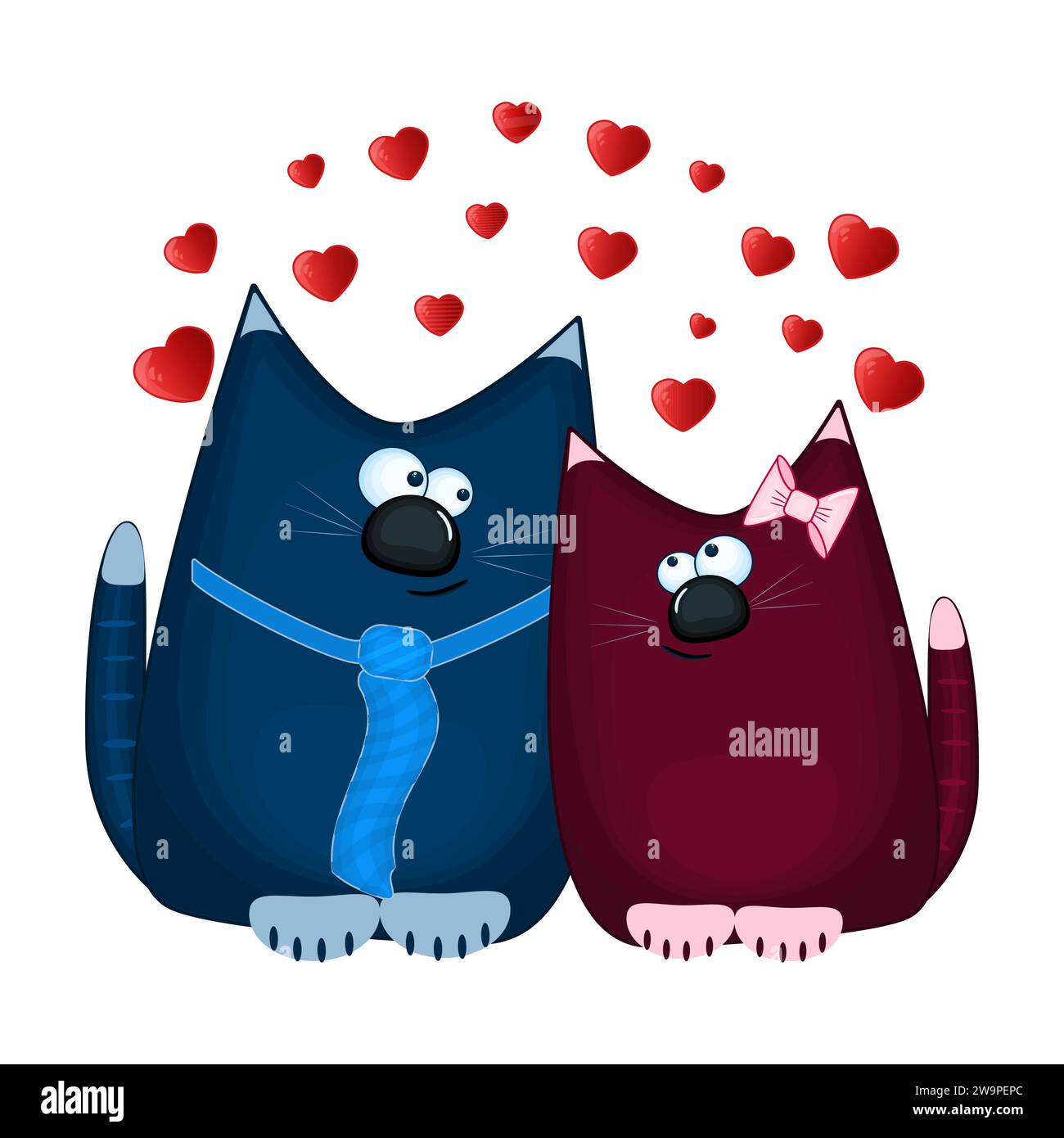 Valentines Kätzchen Paar und viele rote Herzen. Lustige blaue und rote Katze im Cartoon-Stil. Paar Katzen in Liebe. Niedliche Kätzchen Charakter. Stilisierte Kätzchen.Vektor Stock Vektor