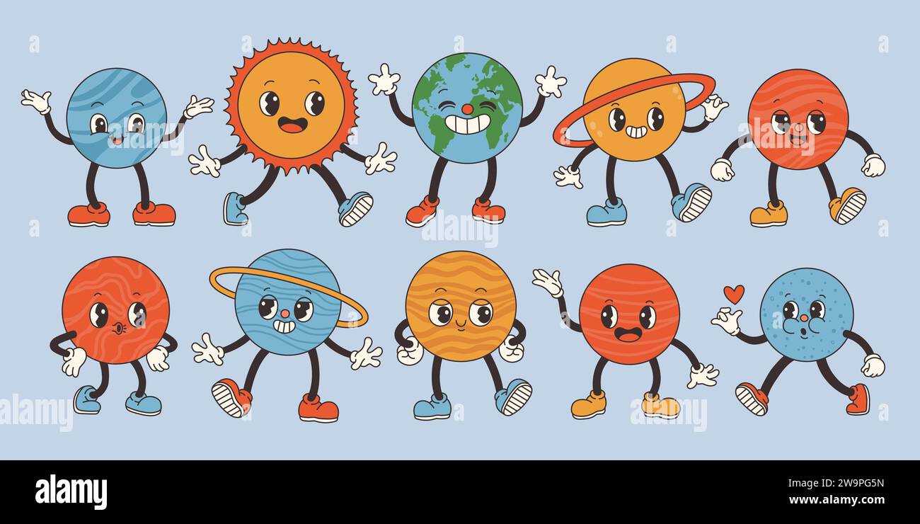 Set niedliche Cartoon-groovige Planeten im Retro-Stil der 60er 70er Jahre Earth Day und Save Planet Konzept. Illustration des flachen Vektors Stock Vektor