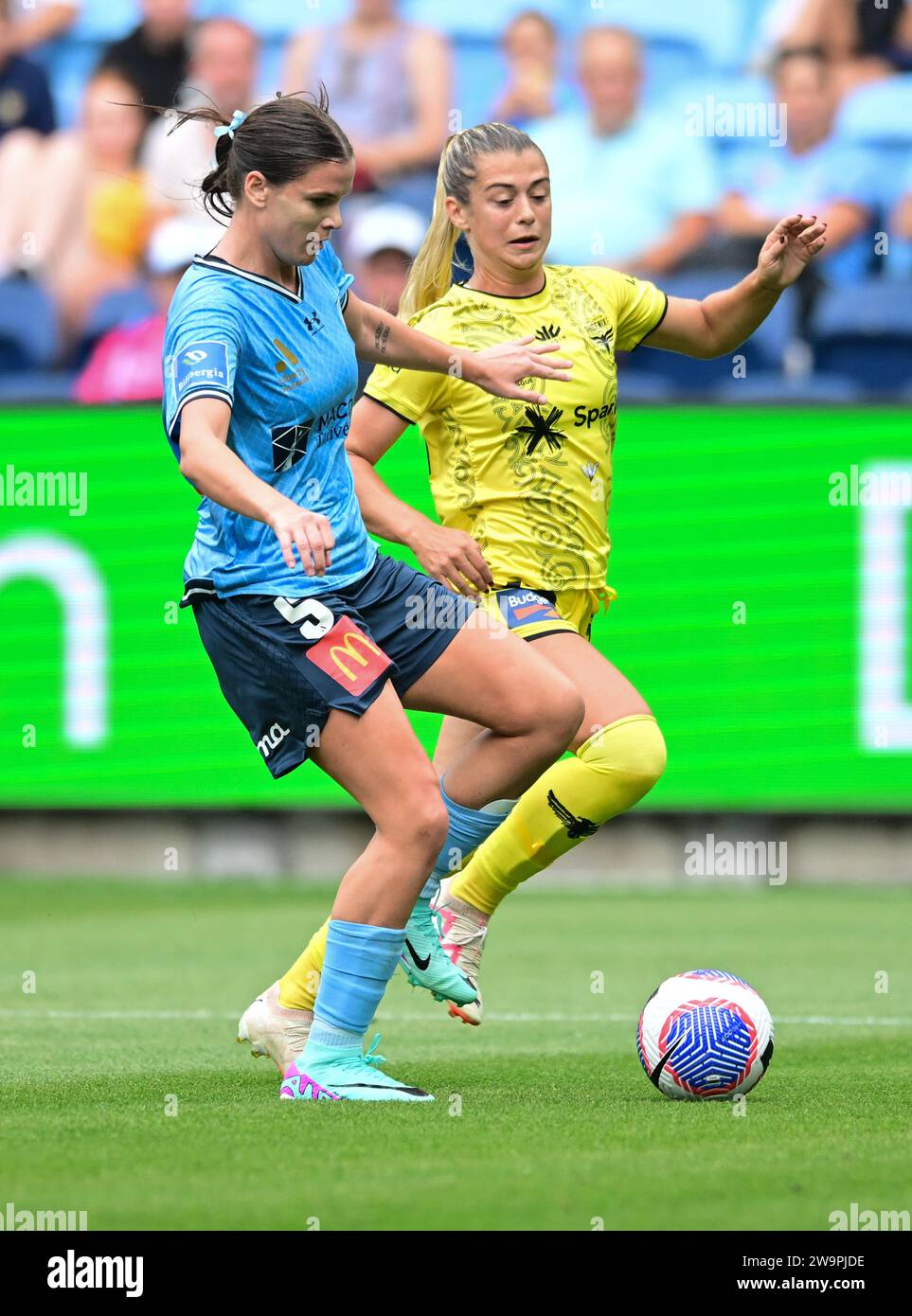 Sydney, Australien. Dezember 2023. Kirsty Jane Fenton (L) von der Mannschaft Sydney FC und Hailey Davidson (R) von der Mannschaft Wellington Phoenix FC sind im Allianz Stadium in Sydney beim 10. Runde der A-League 2023/24 der Frauen zu sehen. Endergebnis: Sydney FC 1: 0 Wellington Phoenix FC. (Foto: Luis Veniegra/SOPA Images/SIPA USA) Credit: SIPA USA/Alamy Live News Stockfoto