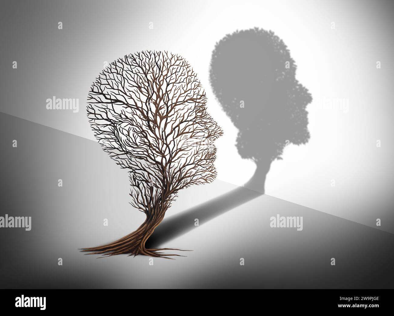 Emotion- und Stimmungsstörung Erholung als Baum in Form zweier menschlicher Gesichter mit einer Hälfte leeren Ästen und der gegenüberliegenden Seite voller Blätter. Stockfoto