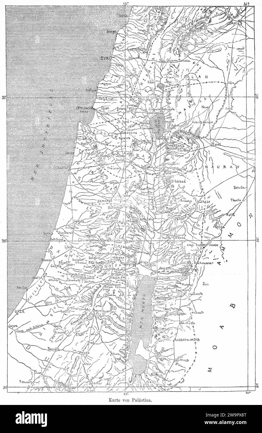 Historische Karte von Palästina, Israel, Jordanien, Syrien, Libanon, Naher Osten, Gradnetz, Totes Meer, Mittelmeer, Jerusalem, Bethlehem, Gaza, Tal Stockfoto