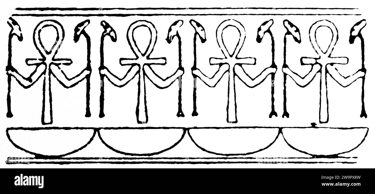 Ägyptische Dekorationen, Ornamente, Schmuck an Tempelwänden, symbolische Figuren, Antike, historische Illustration 1886 Stockfoto