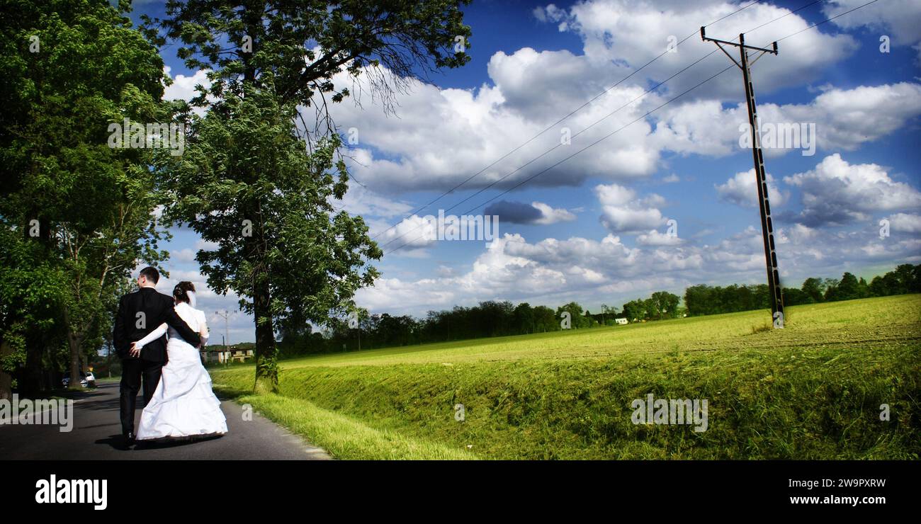 Hochzeitspaar. Blauer Himmel und eine Wiese. Stockfoto