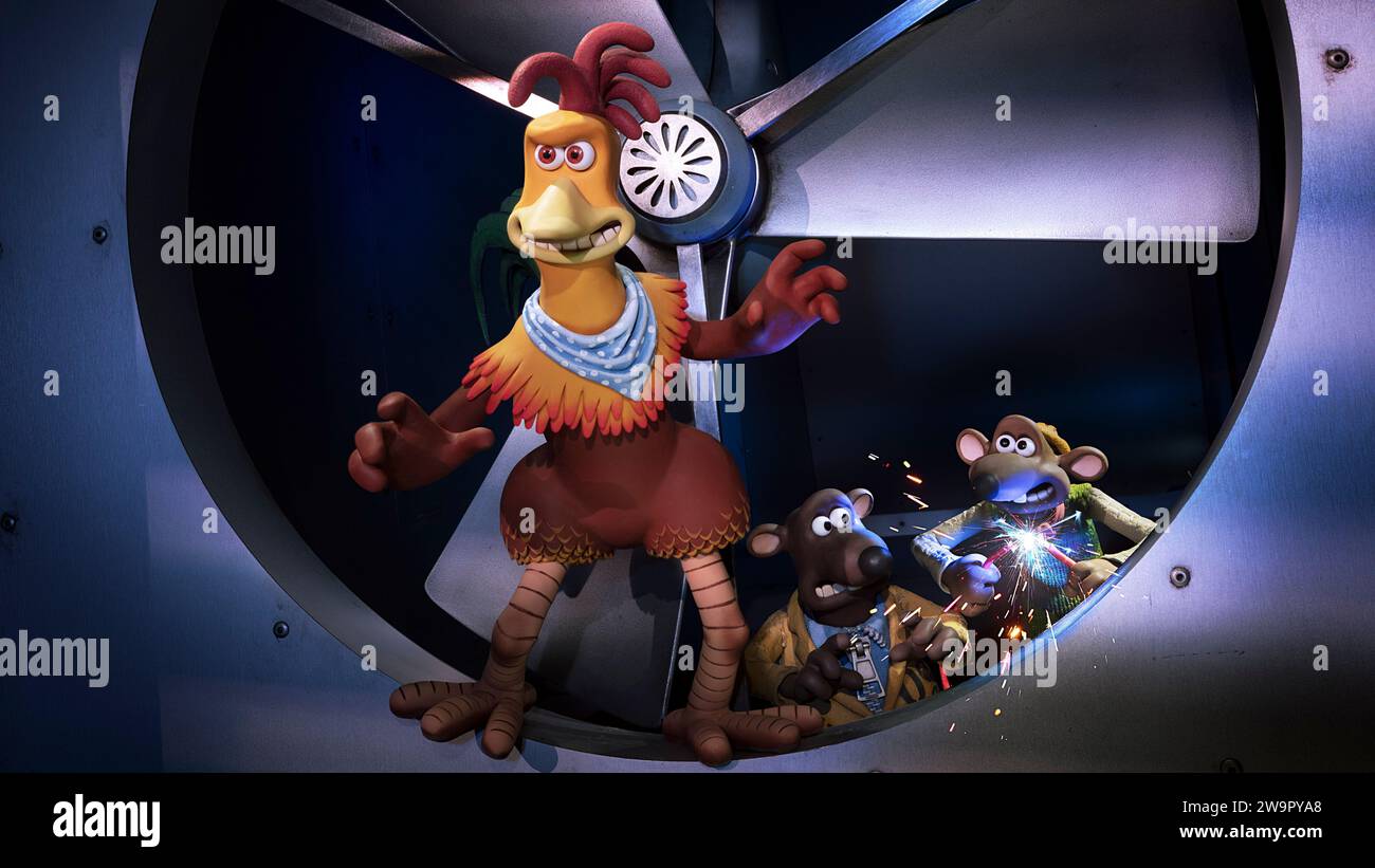 Chicken Run: Dawn of the Nugget (2024) von Sam Fell mit Thandiwe Newton, Zachary Levi und Bella Ramsey. Nachdem Ginger eine Flucht von Tweedys Farm abgezogen hat, hat er ein friedliches Inselschutzgebiet für die ganze Herde gefunden. Aber auf dem Festland sieht sich die ganze Hühnerart einer neuen Bedrohung gegenüber, und Ginger und ihr Team entscheiden sich, einzubrechen. Werbung noch ***NUR REDAKTIONELLE VERWENDUNG***. Kredit: BFA/Netflix Stockfoto
