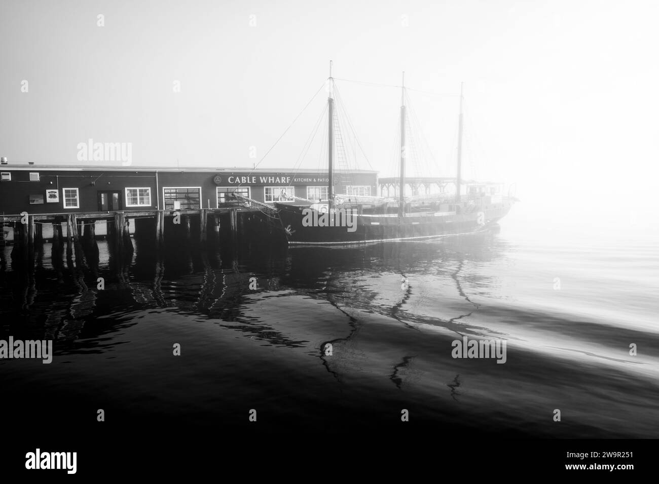 Tour mit dem Boot „Tall Ship Silva“ im Nebel an der Uferpromenade in Halifax, Nova Scotia, Kanada. Stockfoto
