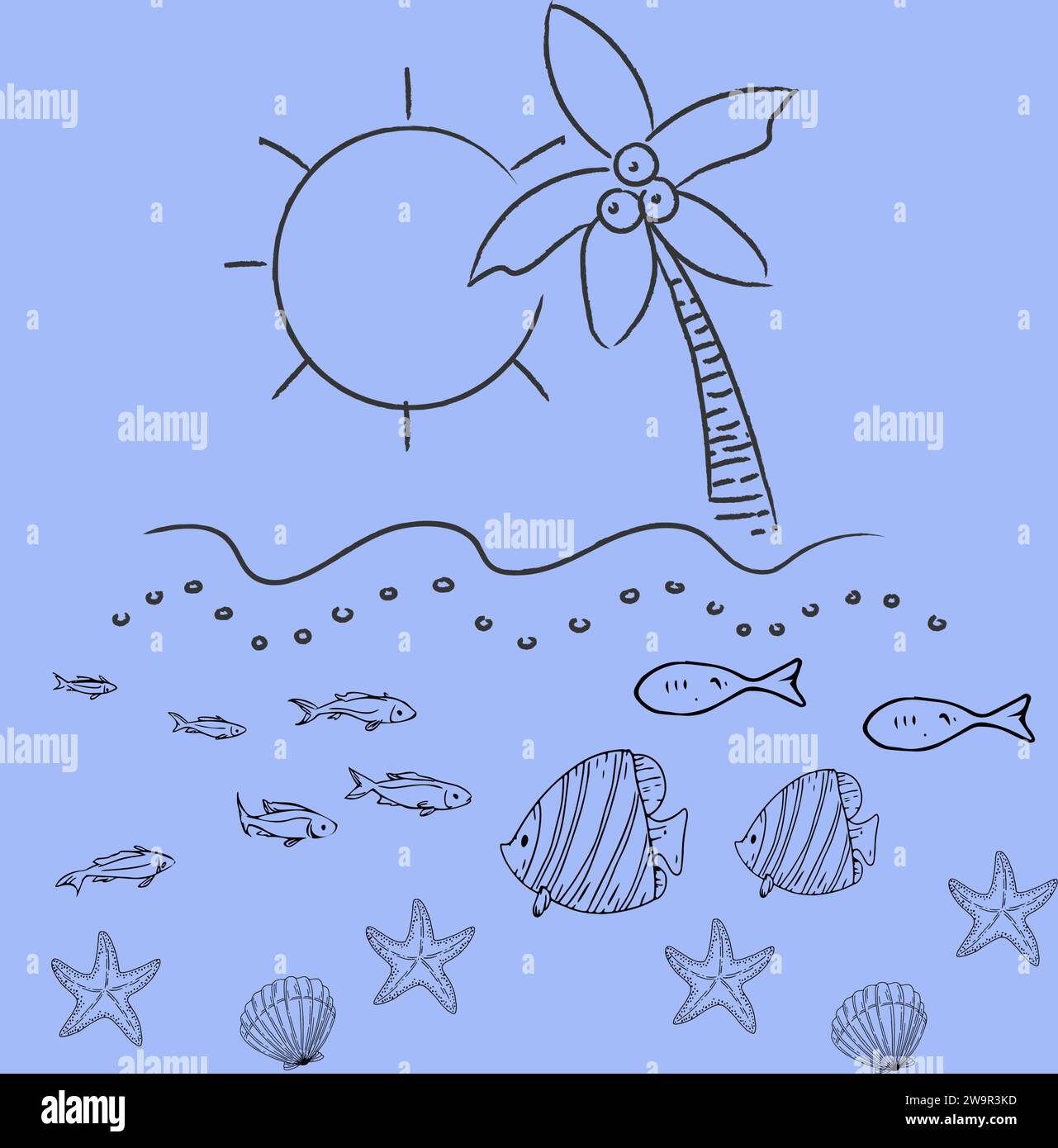 Die Sonne und das Meer. Eine einfache Zeichnung von Meeresbewohnern. Die untergehende Sonne und das Meer mit seinen Kreaturen. Stock Vektor