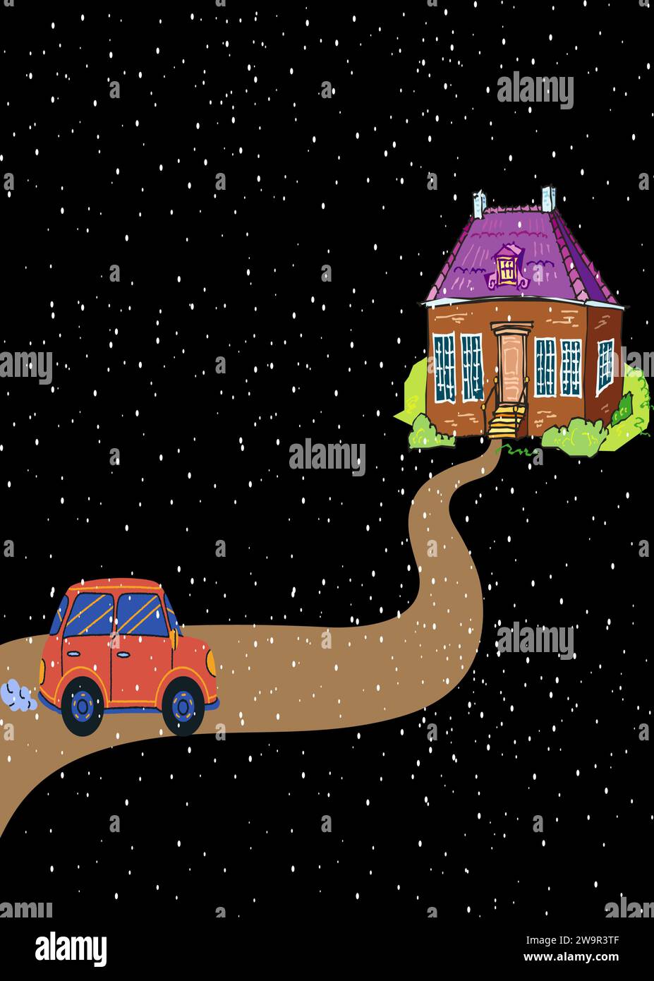 Es ist ein Vektor eines einsamen Gemäldes, das ein einsames Haus in einer Winternacht zeigt, mit fallendem Schnee und einem Auto, das Rauch ausstrahlt, der sich auf das Haus zubewegt. Stock Vektor