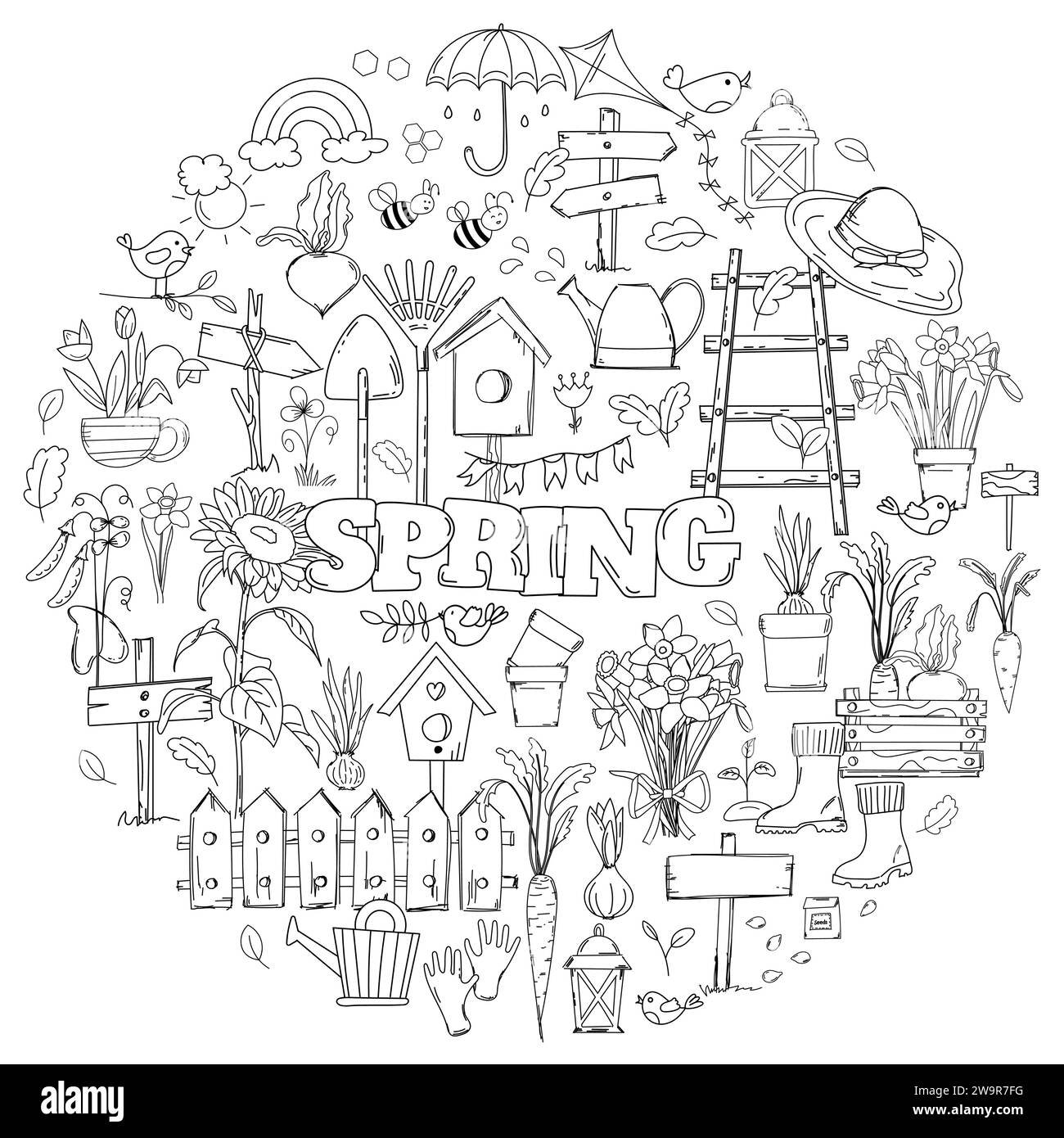 Handgezeichneter Vektor-Satz von Doodles Malseite AntistressRelief auf Einem Frühlingsthema, mit Blumen, Gartenwerkzeugen und Vogelhäusern, dient als Malbuch Stock Vektor