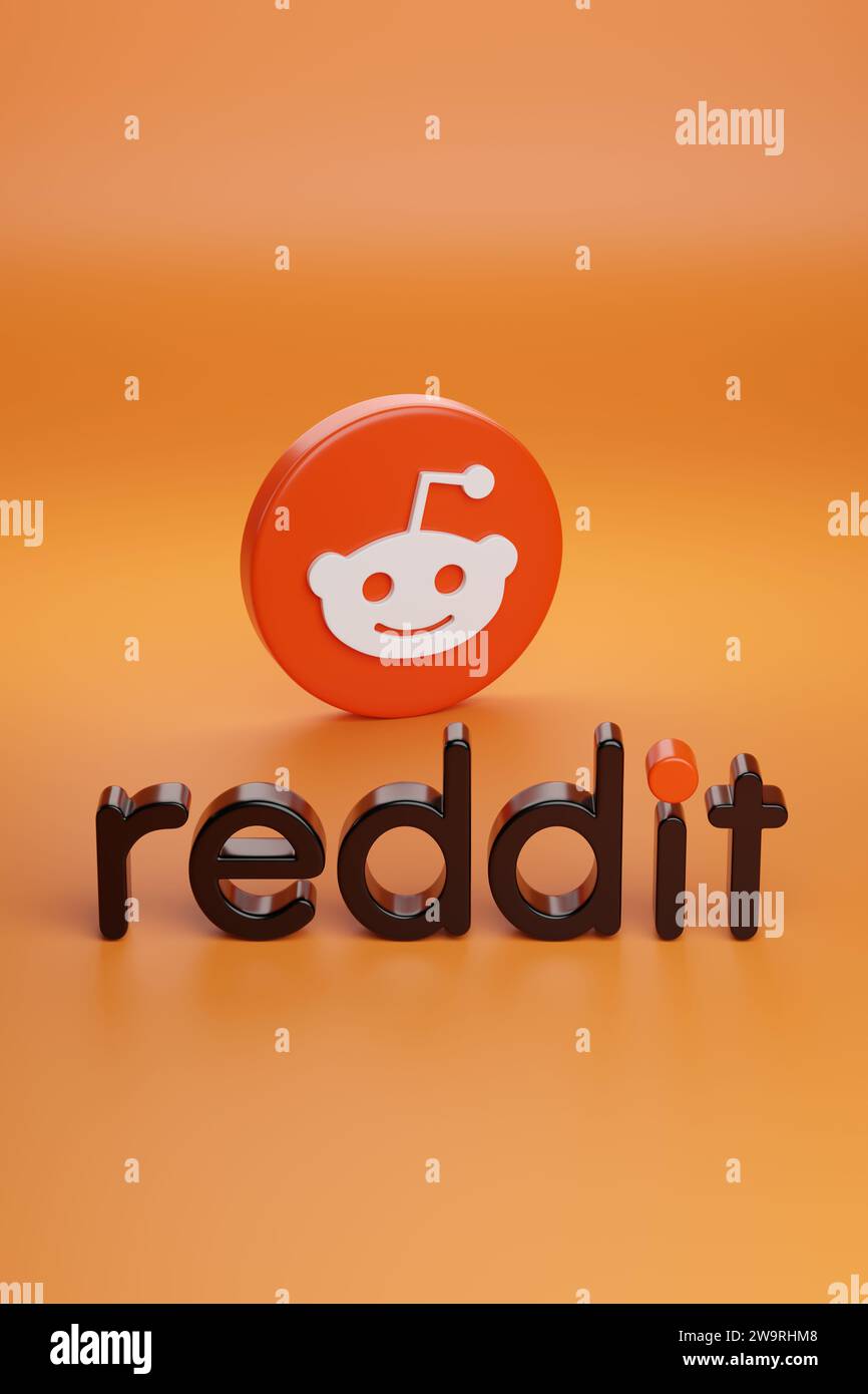 Buenos Aires, Argentinien - 29. Dezember 2023: Reddit-Logo-Symbol und Volltext isoliert auf orangem Hintergrund. 3D-Abbildung. Stockfoto