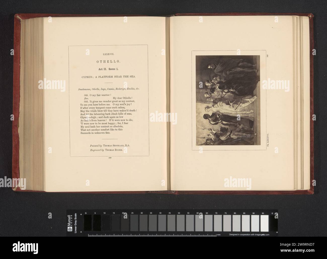 Fotoproduktion von einem Druck zu einem Gemälde von Thomas Stothard, eine Szene aus Othello von William Shakespeare, Stephen Ayling, nach Thomas Ryder (I), nach Thomas Stothard, um 1854 - in oder vor 1864 Foto kann man Deed II sehen, Szene I mit Othello und Desdemona mit einer Firma um sie herum. London fotografische Trägeralbumen drucken spezifische Werke der Literatur Stockfoto