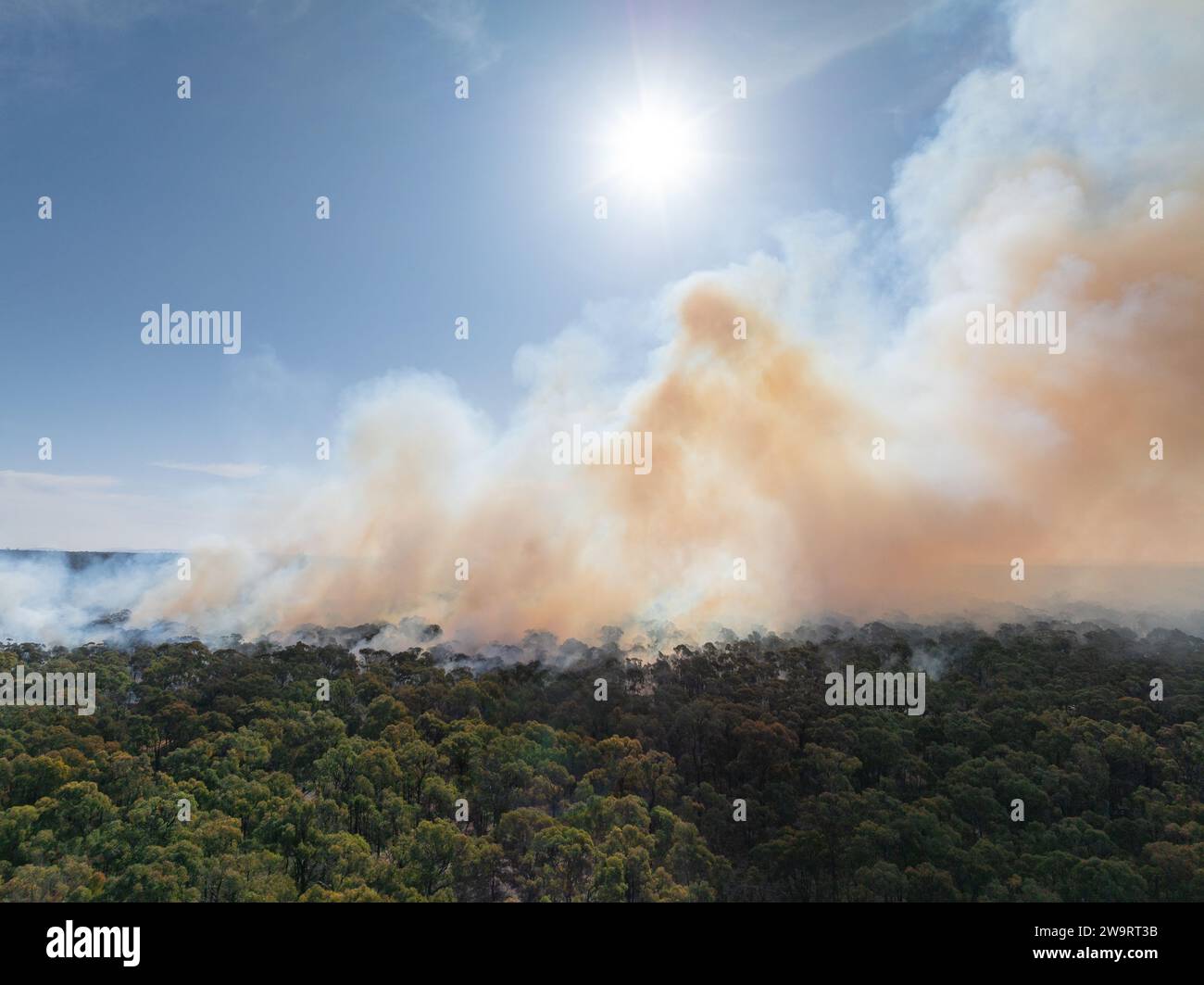 Luftaufnahme eines Rauches, der durch einen Brennstoffreduktionsbrand im Buschland von Maryborough in Central Victoria, Australien, entsteht. Stockfoto