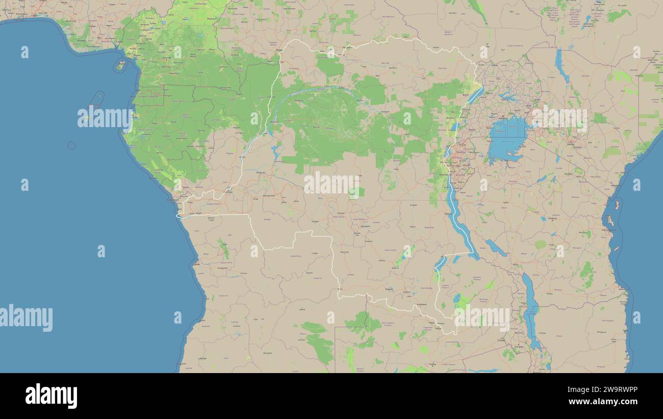 Demokratische Republik Kongo auf einer topografischen Karte im OSM-Standardstil Stockfoto