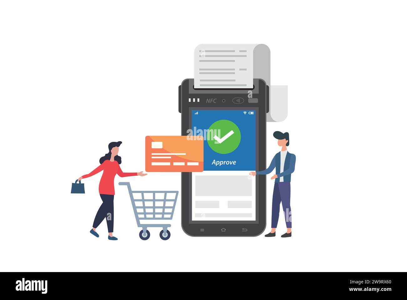 Frau, die mit Debit-Kreditkarte einkaufen und kontaktlose Zahlungs-Vektor-Illustration machen Stock Vektor