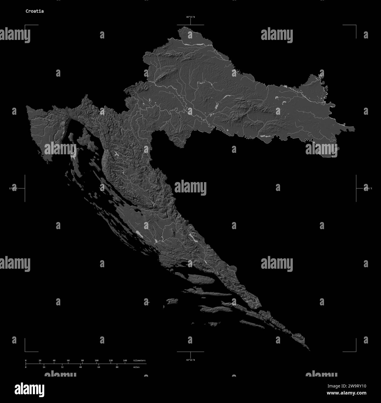 Form einer Bilevel-Höhenkarte mit Seen und Flüssen Kroatiens, mit Entfernungsskala und Kartengrenzkoordinaten, isoliert auf Schwarz Stockfoto
