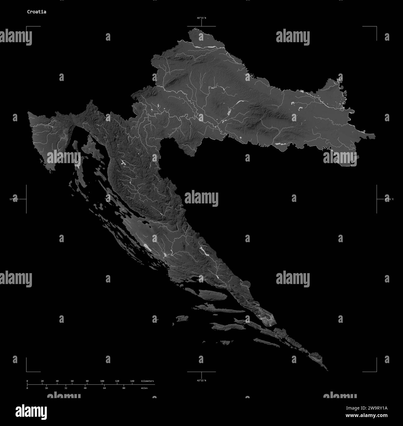 Form einer grauen Höhenkarte mit Seen und Flüssen Kroatiens, mit Entfernungsskala und Kartengrenzkoordinaten, isoliert auf Schwarz Stockfoto