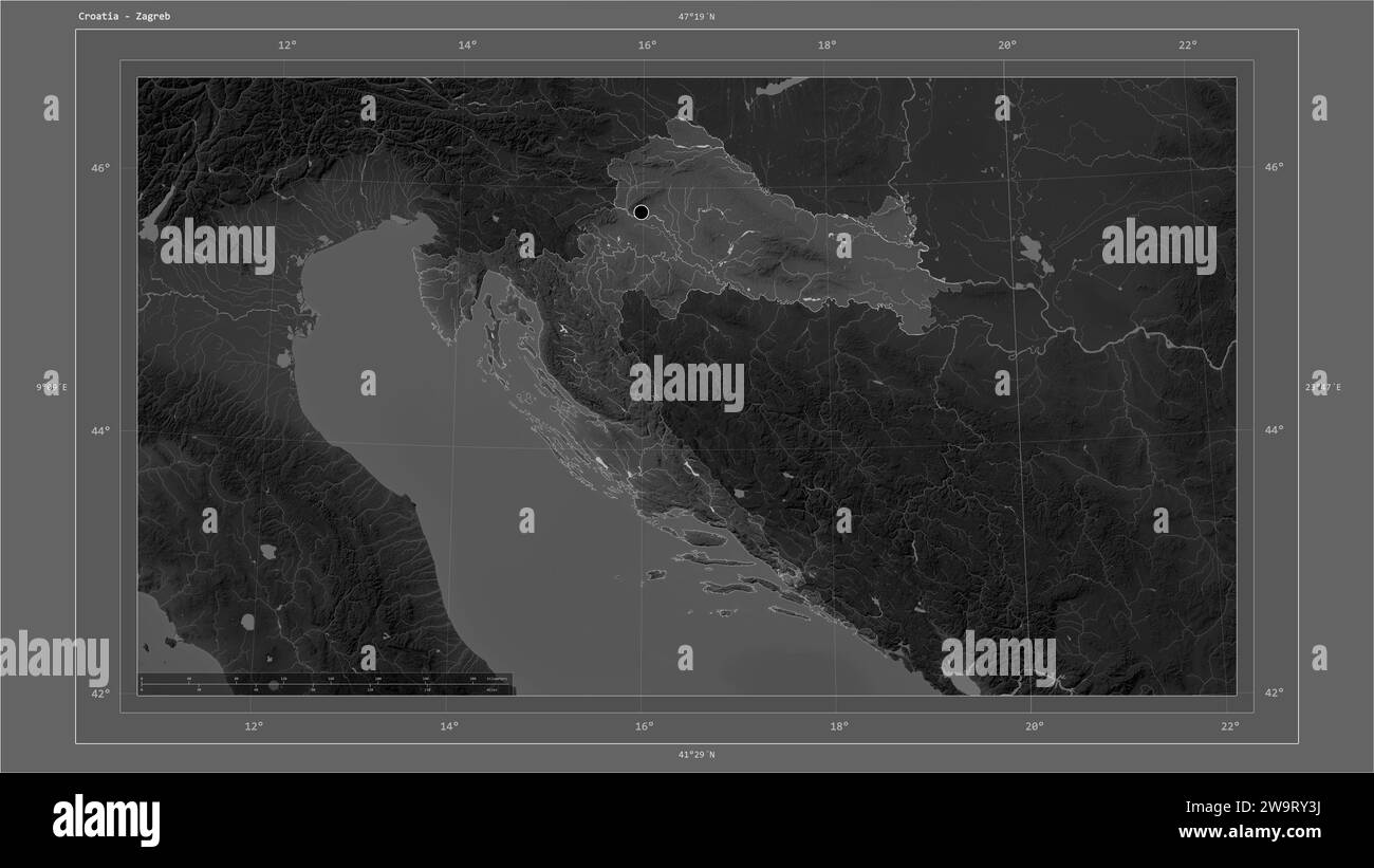 Kroatien wird auf einer grauen Höhenkarte mit Seen und Flüssen mit Landeshauptstadt, kartographischem Raster, Entfernungsskala und Karte hervorgehoben Stockfoto