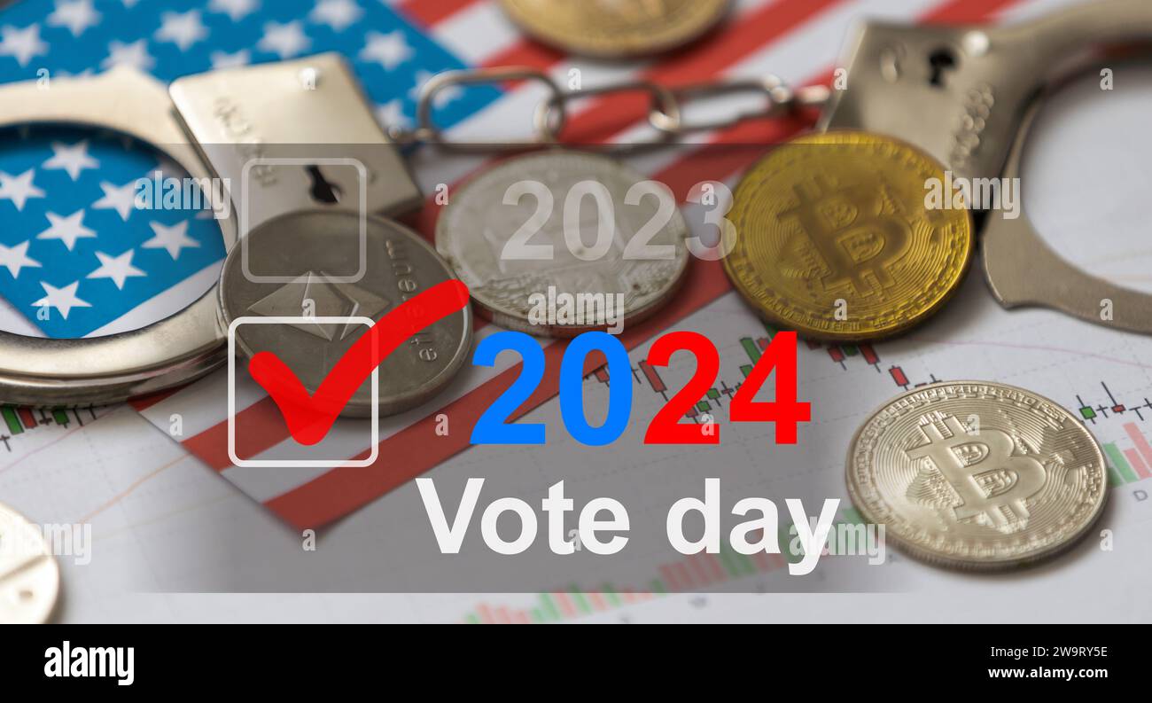 2024 Stimmen, Präsidentschaftswahlen, Geld und Text. Stockfoto