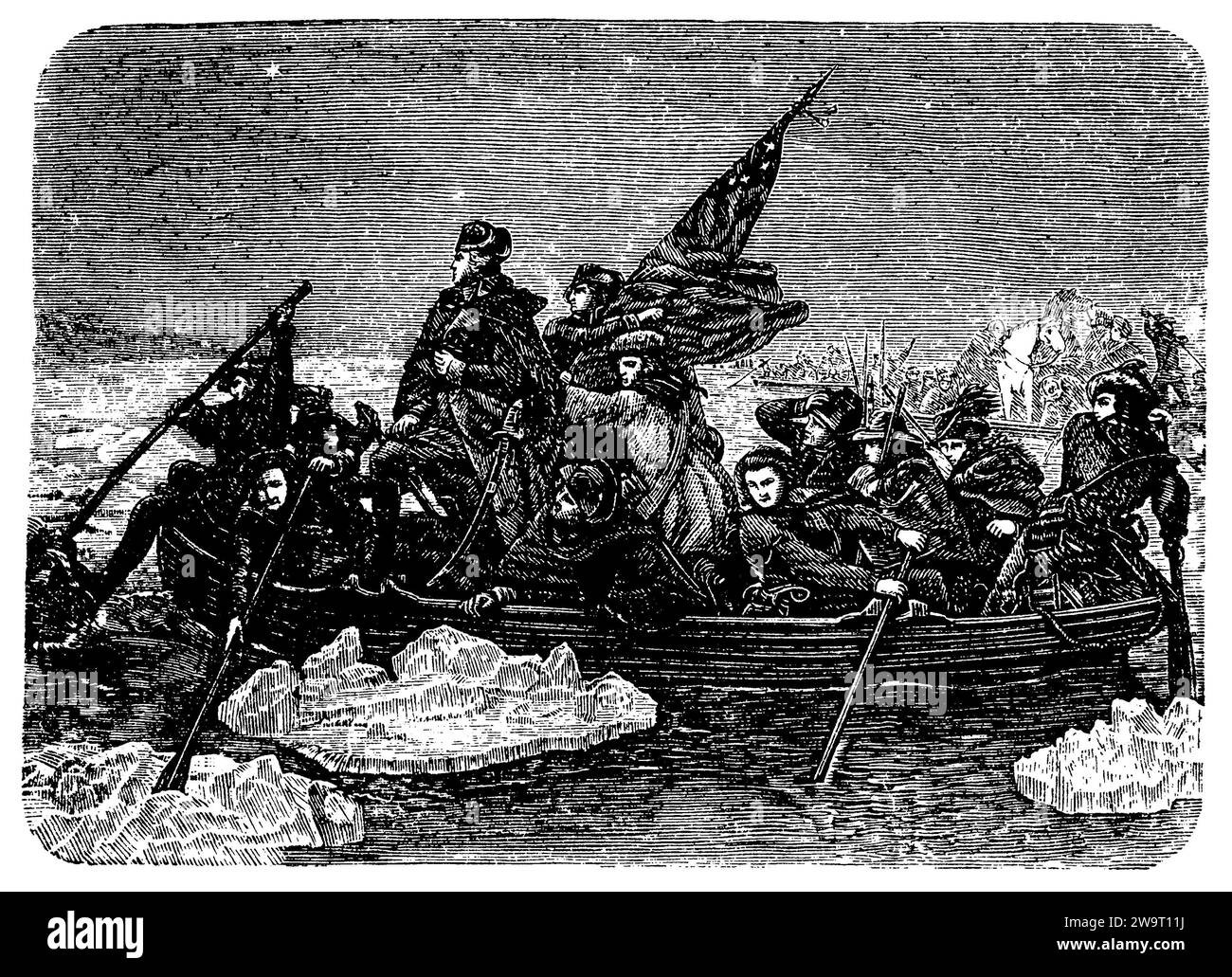George Washington (1732–1799), erster Präsident der Vereinigten Staaten von Amerika, Washington's Crossing of the Delaware, von E. Leutze., (Enzyklopädie, 1898), George Washington (1732–1799), erster Präsident der Vereinigten Staaten von Amerika, Washingtons Übergang über den Delaware, von E. Leutze, George Washington (1732–1799), Premierpräsident des Etats-Unis d’Amérique, Le Passage de Washington sur le Delaware, par E. Leutze Stockfoto